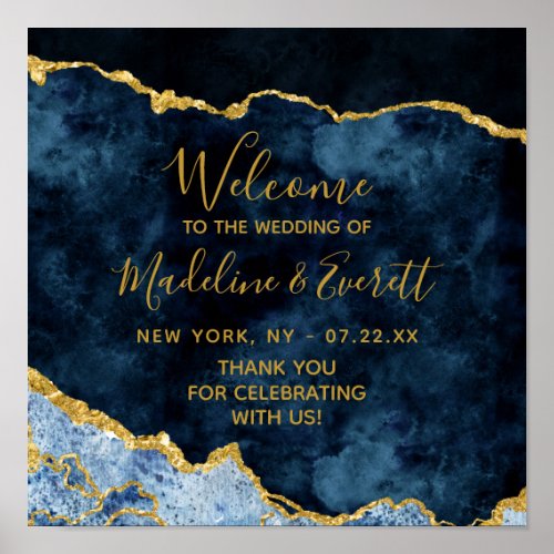 Navy Blue Gold Foil Agate Wedding Welcome Sign