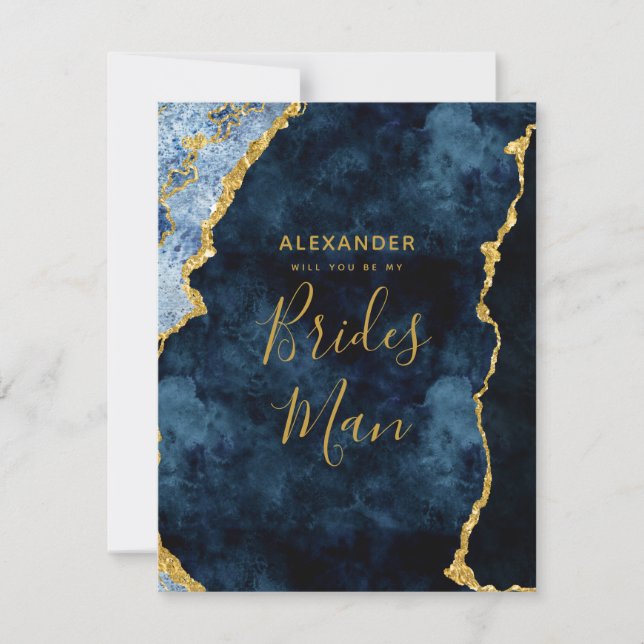 Navy Blue Gold Foil Agate Will You Be My Bridesman Invitation (Front)