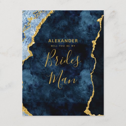 Navy Blue Gold Foil Agate Will You Be My Bridesman Invitation