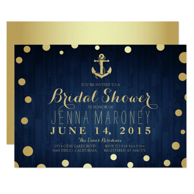 Navy Blue Gold Foil Anchor Nautical Bridal Shower Invitation