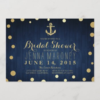 Navy Blue Gold Foil Anchor Nautical Bridal Shower Invitation by GreenLeafDesigns at Zazzle