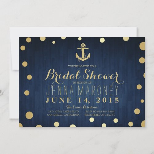 Navy Blue Gold Foil Anchor Nautical Bridal Shower Invitation