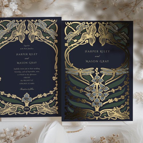 Navy Blue Gold Foil Art Nouveau Dragonfly Wedding Foil Invitation