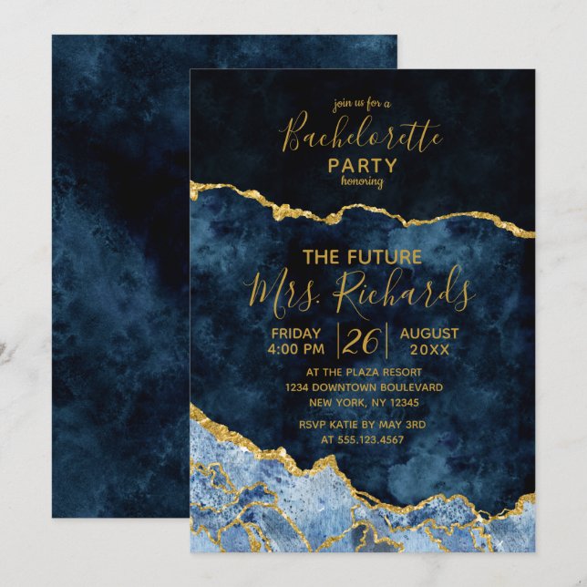 Navy Blue Gold Foil Bachelorette Party Invitation (Front/Back)