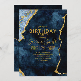 Navy Blue & Gold Foil Birthday Party Invitation
