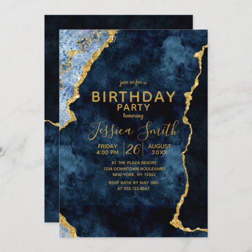 Navy Blue  Gold Foil Birthday Party Invitation