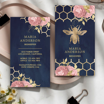 Navy Blue Gold Foil Blush Pink Floral Honey Bee Business Card by ShabzDesigns at Zazzle