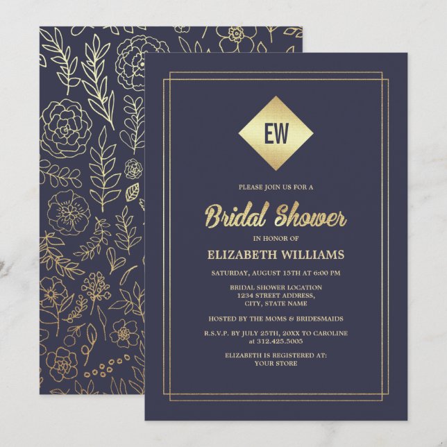 Navy Blue | Gold Foil Bridal Shower Invitation (Front/Back)