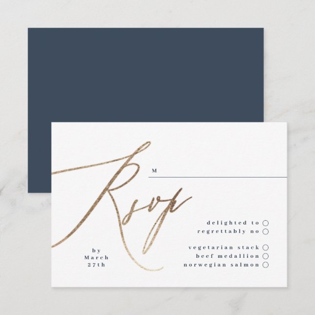 Navy Blue & Gold Foil Calligraphy Wedding RSVP Card (Front/Back)