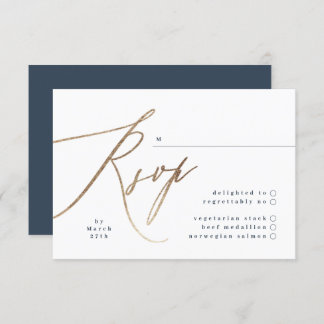Navy Blue & Gold Foil Calligraphy Wedding RSVP Card