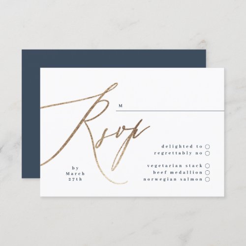 Navy Blue  Gold Foil Calligraphy Wedding RSVP Card