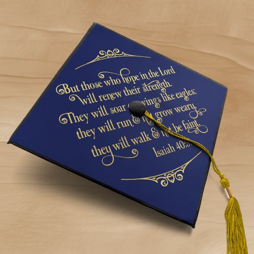 Navy Blue Gold Foil Christian Verse Isaiah 40 Graduation Cap Topper