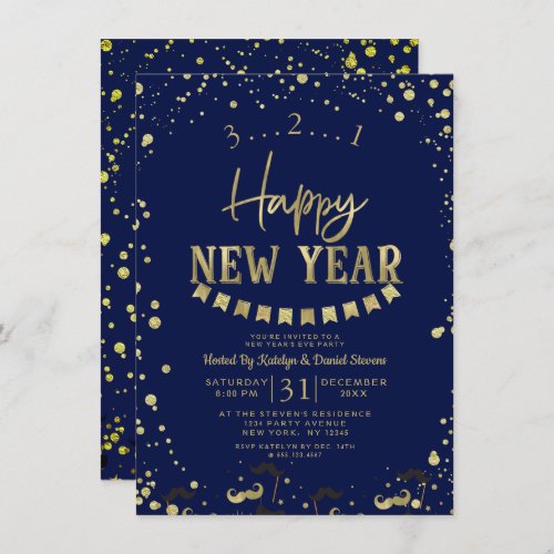 Navy Blue Gold Foil Confetti New Years Eve Party Invitation