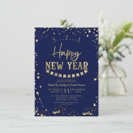 Navy Blue Gold Foil Confetti New Year's Eve Party Invitation | Zazzle