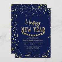 Navy Blue Gold Foil Confetti New Year's Eve Party Invitation