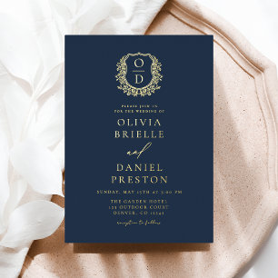 Navy Blue Gold Foil Crest Monogram Wedding Invitation