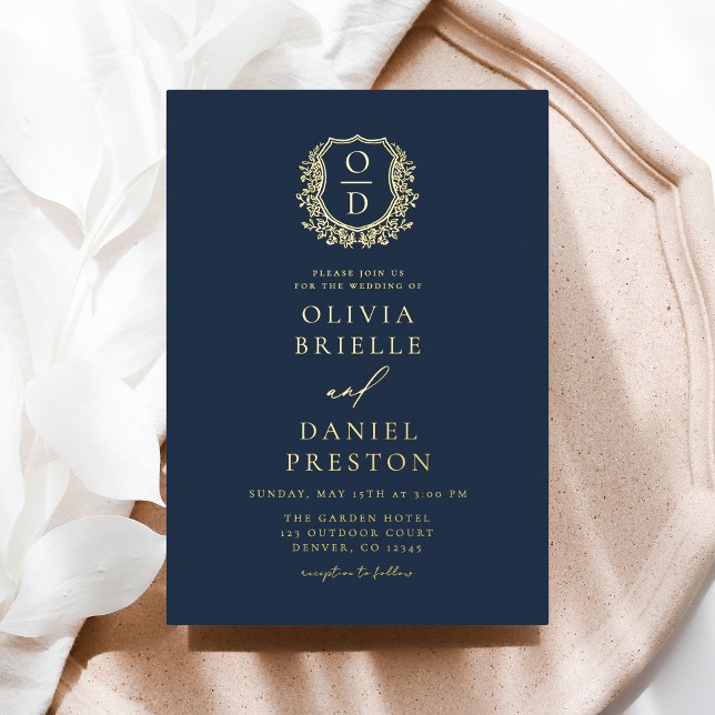 Navy Blue Gold Foil Crest Monogram Wedding Invitation (Creator Uploaded)