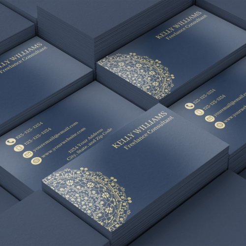 Navy Blue Gold Foil Elegant Floral Branding Business Cards