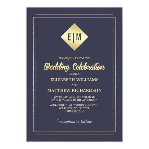 Navy Blue | Gold Foil Elegant Wedding Invitations