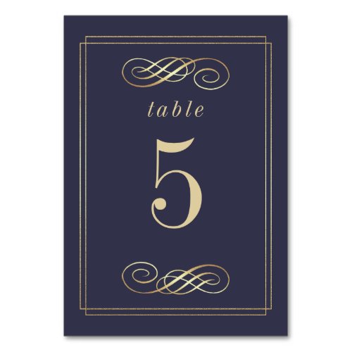 Navy Blue Gold Foil Elegant Wedding Table Numbers