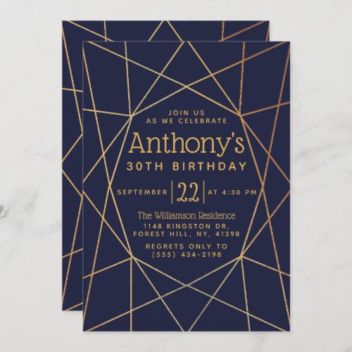 Navy Blue  Gold Foil Geometric Pattern Birthday Invitation