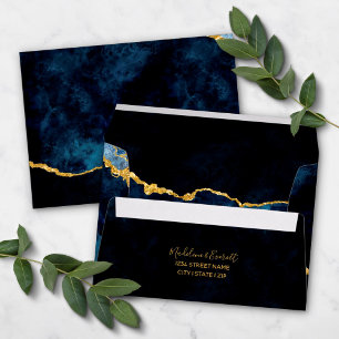 Navy Blue & Gold Foil Gilded Agate Marble Wedding Envelope