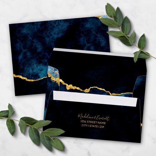 Navy Blue  Gold Foil Gilded Agate Marble Wedding Envelope