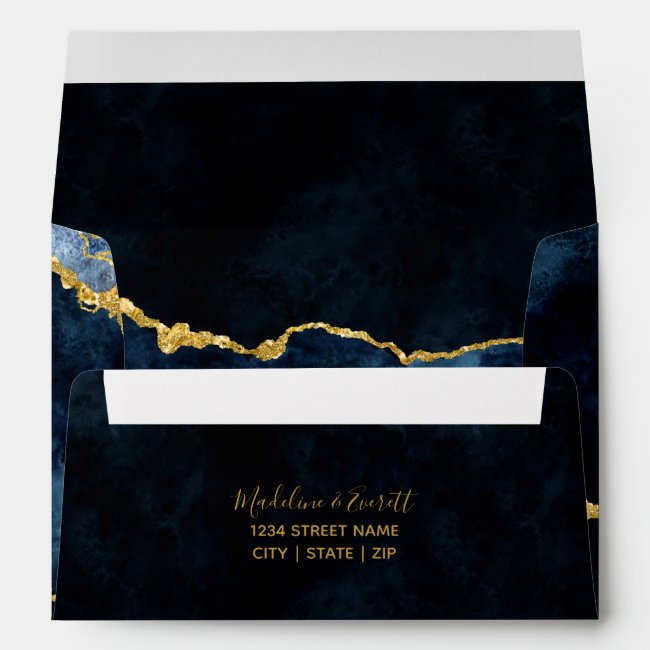 Navy Blue & Gold Foil Gilded Agate Marble Wedding Envelope