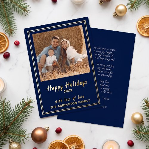 Navy Blue Gold Foil Happy Holidays Family Photo Holiday Card
