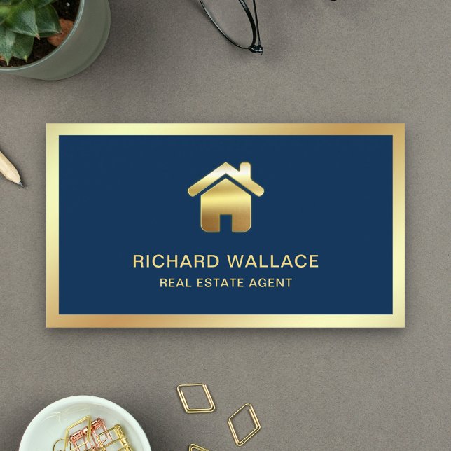 Navy Blue Gold Foil Home Logo Real Estate Agent Business Card (Creator Uploaded)