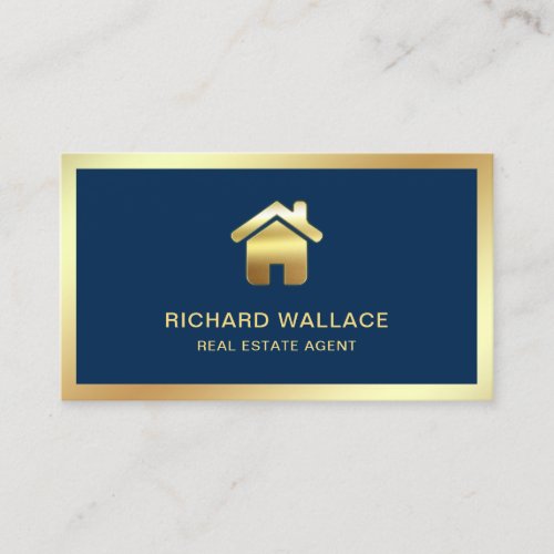 Navy Blue Gold Foil Home Logo Real Estate Agent Business Card