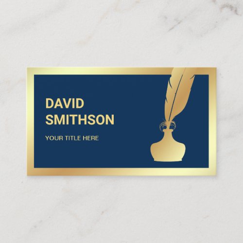 Navy Blue Gold Foil Inkwell Feather Quill Pen Business Card