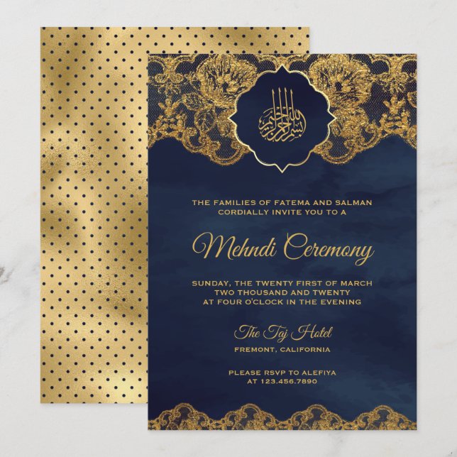 Navy Blue Gold Foil Lace Islamic Mehndi Invitation (Front/Back)