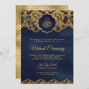 Navy Blue Gold Foil Lace Islamic Mehndi Invitation