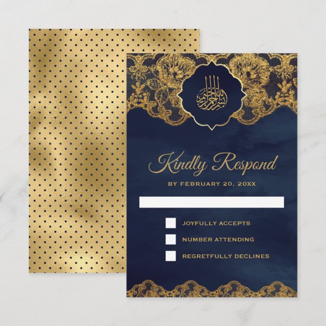 Navy Blue Gold Foil Lace Islamic Wedding RSVP Card (Front/Back)