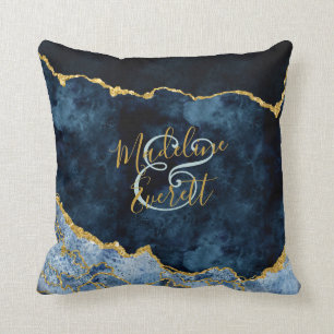 Navy Blue Gold Foil Marble Agate Monogram Ring Throw Pillow