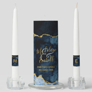 Navy Blue Gold Foil Marble Agate Wedding Monogram Unity Candle Set