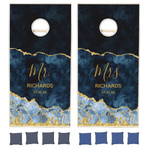 Navy Blue Gold Foil Marble Agate Wedding Mr & Mrs Cornhole Set