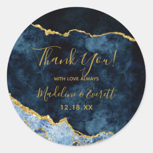 Navy Blue Gold Foil Marble Agate Wedding Thank You Classic Round Sticker