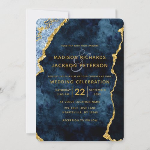 Navy Blue Gold Foil Marble Wedding Invitations