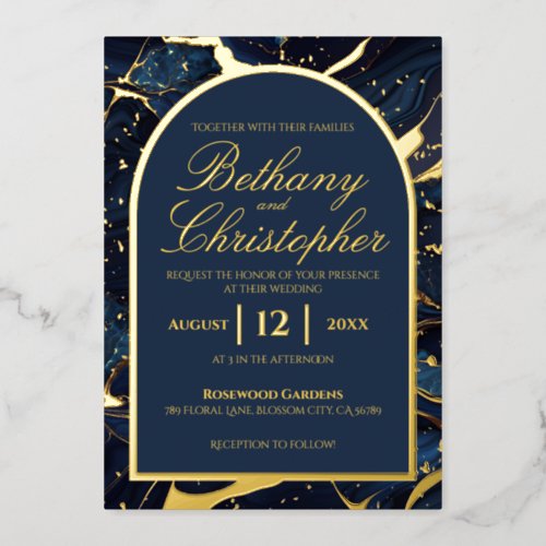 Navy Blue  Gold Foil Marble Wedding Invitations