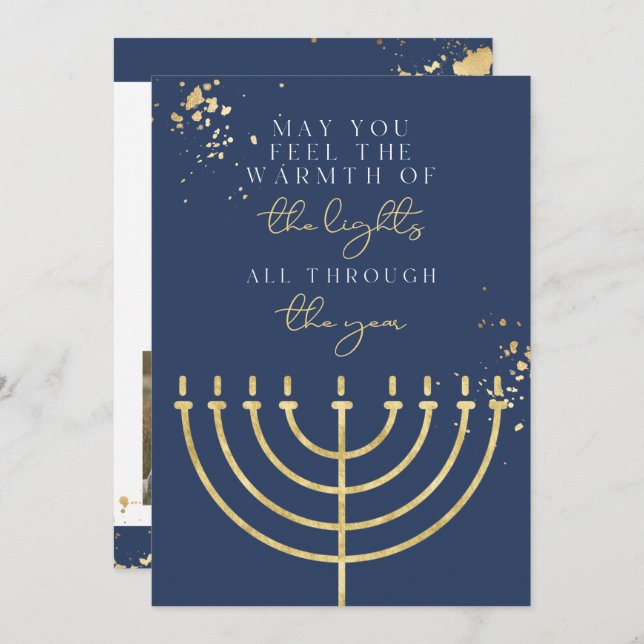 Navy Blue Gold Foil Menorah Hanukkah Card (Front/Back)