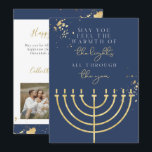 Navy Blue Gold Foil Menorah Hanukkah Card<br><div class="desc">This Hanukkah greeting card features a navy blue background, gold foil splatters, a golden menorah and the saying "May you feel the warmth of the lights all through the year" in honor of the festival of lights. Easily edit *most* wording and update the photographs to update your friends and families...</div>