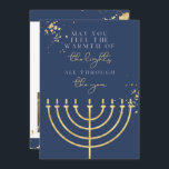 Navy Blue Gold Foil Menorah Hanukkah Card<br><div class="desc">This Hanukkah greeting card features a navy blue background, gold foil splatters, a golden menorah and the saying "May you feel the warmth of the lights all through the year" in honor of the festival of lights. Easily edit *most* wording and update the photographs to update your friends and families...</div>