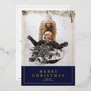 Navy blue gold foil Merry Christmas family photo Foil Holiday Card