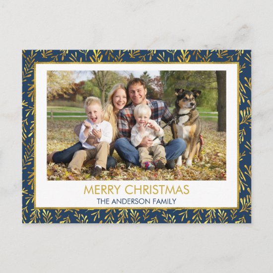 Navy Blue - Gold Foil  Merry Christmas Photo Holiday Postcard