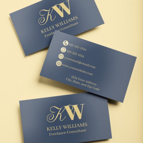 Navy Blue Gold Foil Minimalist Monogram Luxury Business Cards