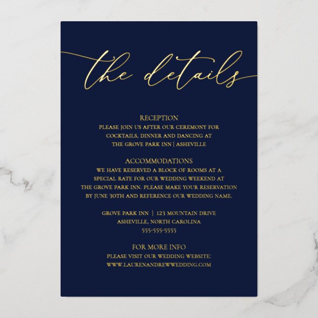 Navy Blue Gold Foil Minimalist Wedding Enclosure  Invitation (Front)