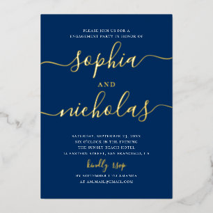 Navy Blue Gold Foil Modern Script Engagement Party Invitation
