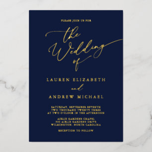 Navy Blue Gold Foil Monogram Minimalist Wedding Invitation